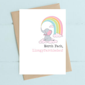 Merch Fach Llongyfarchiadau (little Girl, congratulations) Pink elephant and rainbow