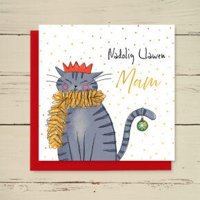 Nadolig Llawen Mam (Merry Christmas Mum) Cat wearing tinsel