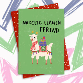 Nadolig Llawen Ffrind (Merry Christmas Friend) Alpaca bearing gifts